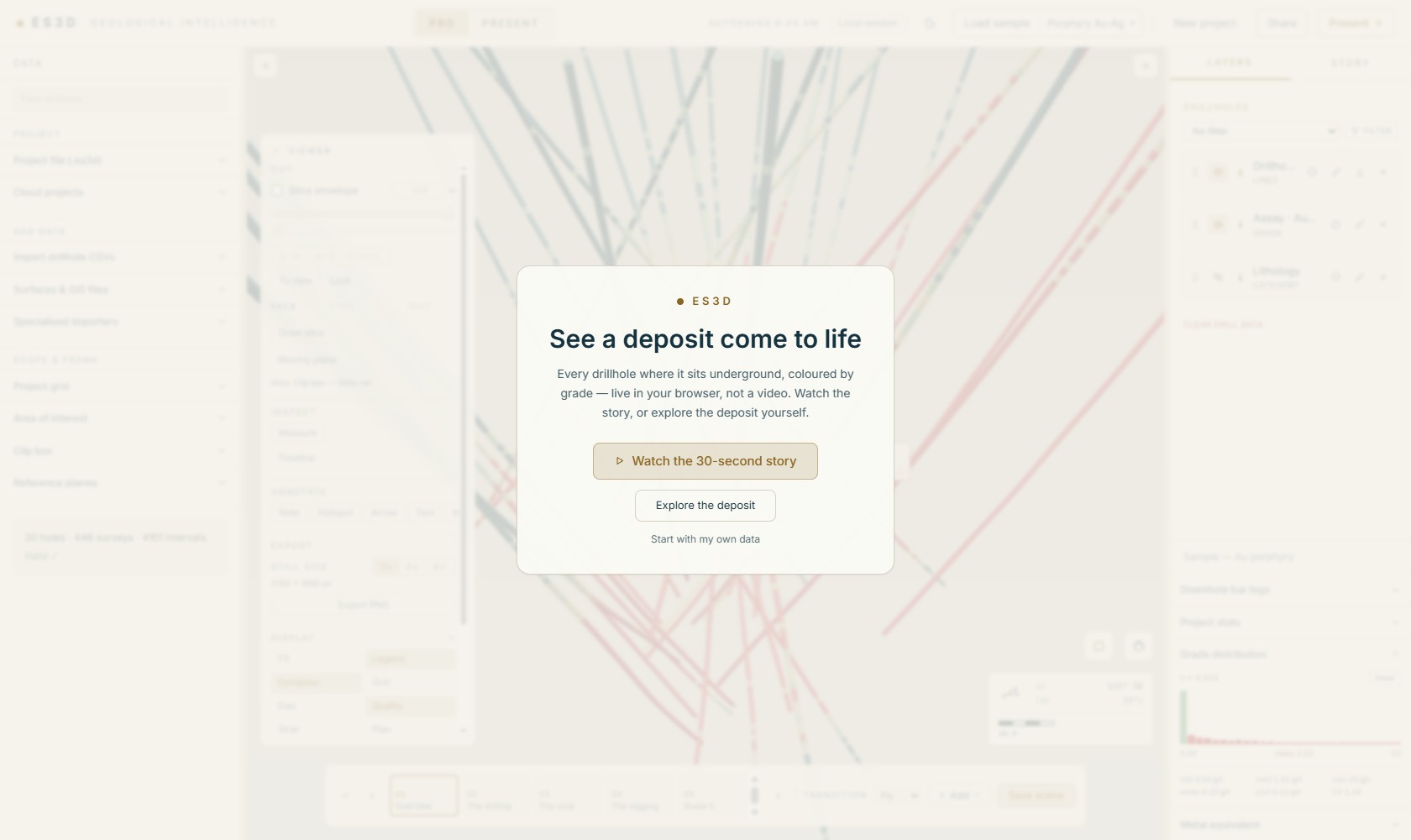 The ES3D first-run intro card over a live auto-orbiting sample deposit.