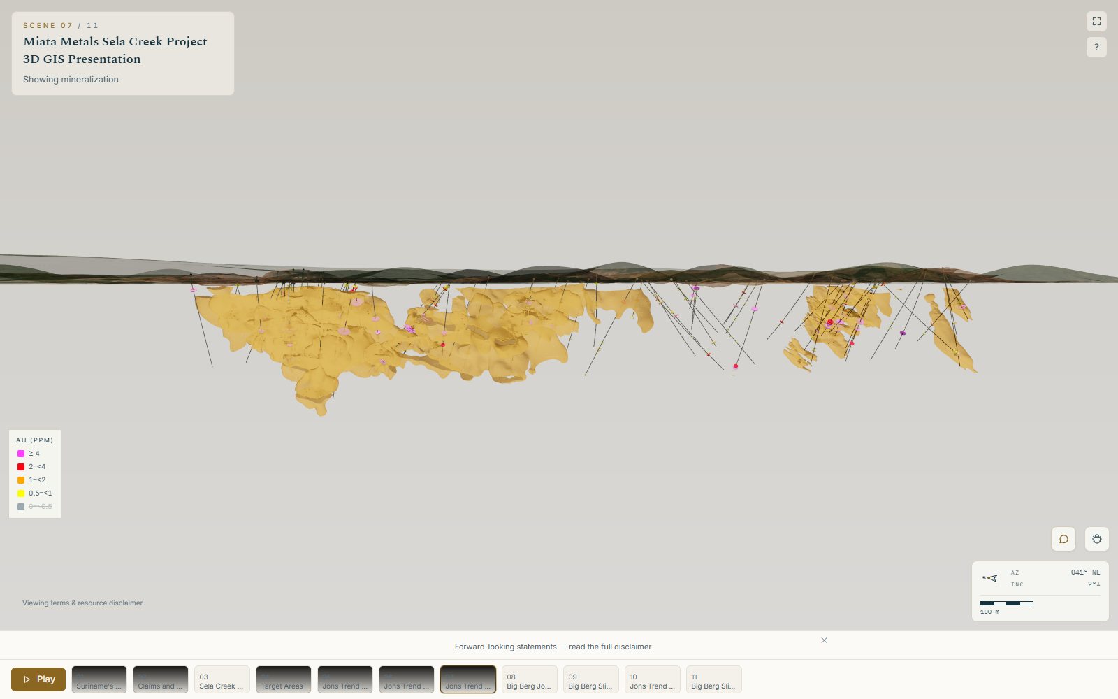 A long section through the Jons Trend and Big Berg drilling with gold grades.