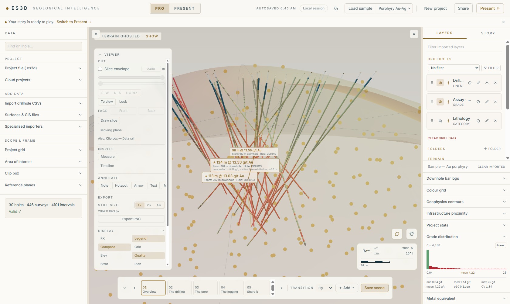 The ES3D Pro workbench with the sample porphyry deposit loaded.