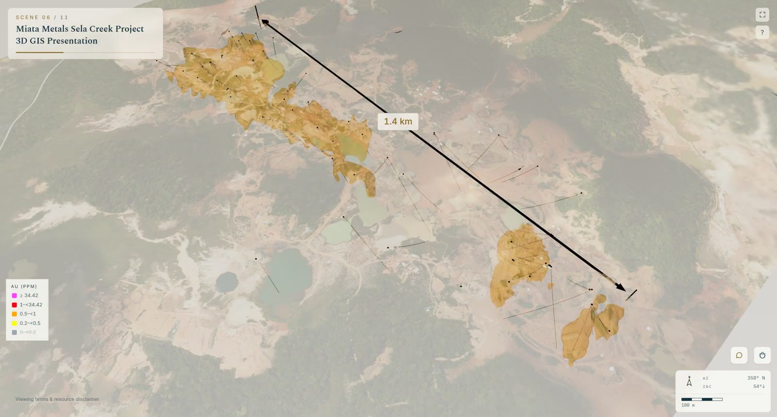 ES3D tour of Miata Metals' Sela Creek project: the Jons Trend and Big Berg vein models in gold under draped terrain, with a 1.4 km distance arrow between them.